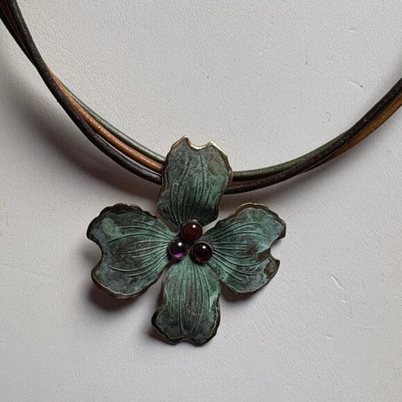 Elaine Coyne Jewelry - Elaine Coyne Dogwood Necklace – Verdigris Patina Brass with Amethyst & Garnet Ca